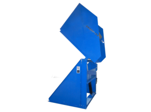 Blue powder coated metering container dumper in rotation.