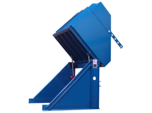 Blue powder coated foundry duty container dumper in rotation.