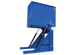 Blue powder coated laundry container dumper in rotation.