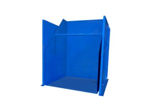 Blue powder coated standard duty container dumper in down position