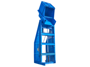 Blue powder coated lift and dump container dumper in rotation.