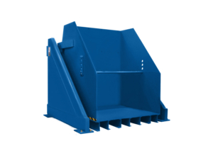 Dark green powder coated heavy duty container dumper in down position.