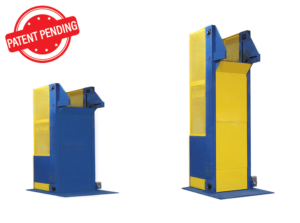 Two blue and yellow powder coated chain driven container dumpers.