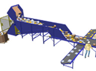 Parcel unloader feeds a mix of bulk boxes, flats, polybags, and mailers to parcel infeed conveyor that accumulates and pre-singulates parcels before operators sort and assign them to the appropriate lines.